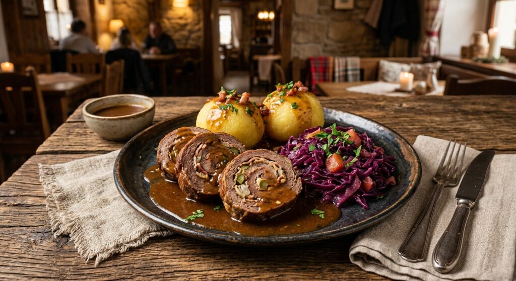 A professional, high-angle editorial food photograph of a perfectly sliced traditional Silesian beef
