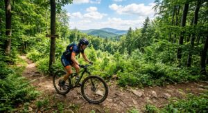 A professional, high-quality editorial shot of a cyclist riding a mountain bike on a scenic, lush gr