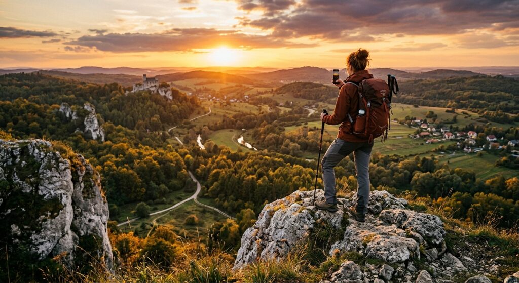 A high-quality, editorial-style photograph of a hiker standing on a limestone cliff overlooking the