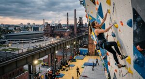 A professional editorial photograph of a modern climbing wall facility set against a backdrop of urb