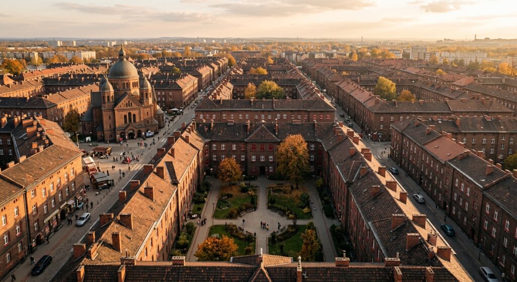 A high-angle, editorial-style photograph of the historic red-brick Nikiszowiec district in Katowice,