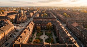 A high-angle, editorial-style photograph of the historic red-brick Nikiszowiec district in Katowice,