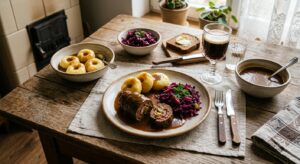 A professional, high-angle editorial photograph of a traditional Silesian Sunday dinner featuring a