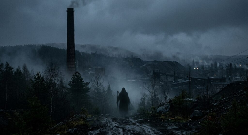 A moody, cinematic editorial photograph of a misty, atmospheric Silesian landscape featuring a faint