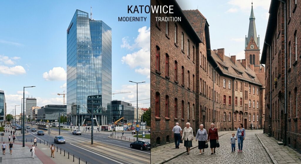 A split-screen editorial photograph contrasting a sleek, modern glass skyscraper in downtown Katowic