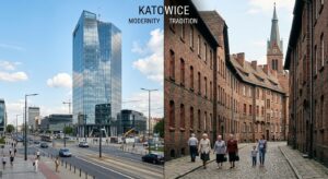 A split-screen editorial photograph contrasting a sleek, modern glass skyscraper in downtown Katowic