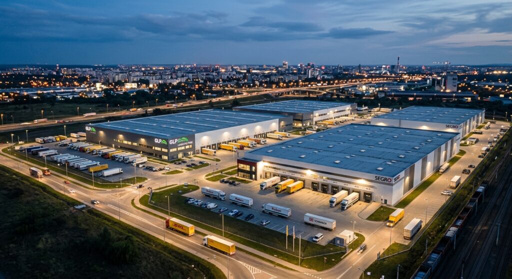 A professional, high-angle editorial photograph of a modern industrial logistics park at twilight in
