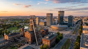 A high-angle, professional editorial shot showing a sleek, modern Silesian cityscape seamlessly blen