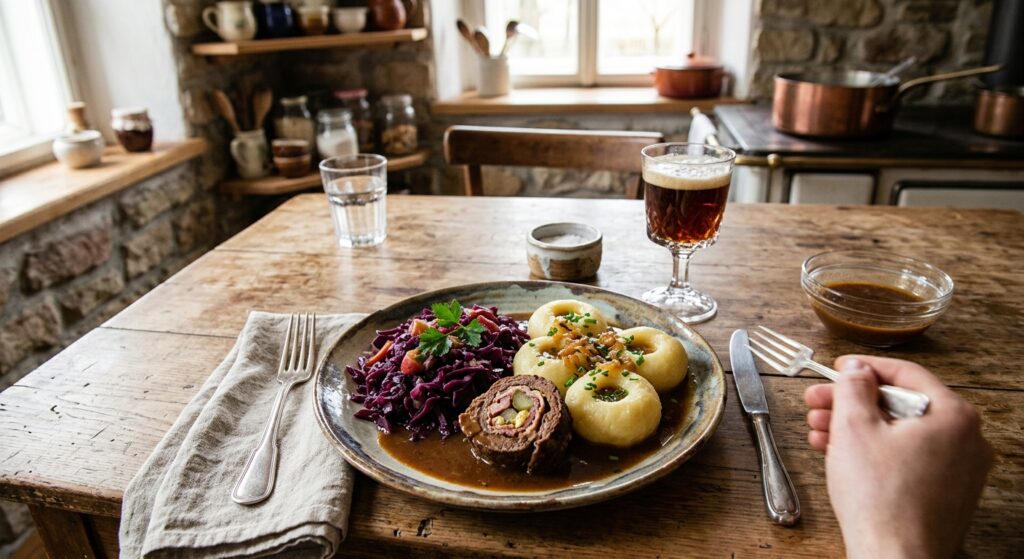 A professional, high-angle editorial food photograph of a traditional Silesian Sunday dinner featuri