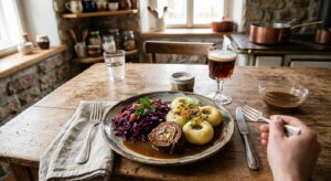 A professional, high-angle editorial food photograph of a traditional Silesian Sunday dinner featuri