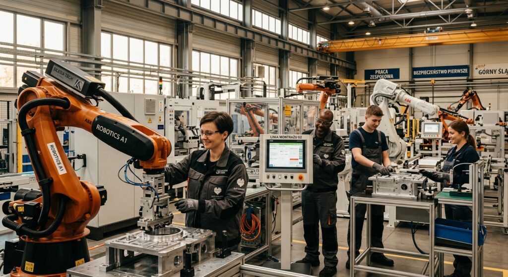 A professional editorial photograph of a modern, high-tech industrial facility in Upper Silesia, fea