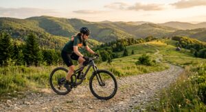 A professional editorial-style shot of a cyclist riding a mountain bike on a scenic, gentle gravel t