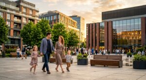 A professional editorial photograph of a modern, vibrant city square in Silesia featuring a happy yo