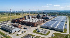 A professional, high-angle editorial shot of a modern, clean industrial facility in Silesia transiti
