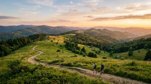A professional, wide-angle editorial shot of the rolling Beskid Mountains in Poland during golden ho