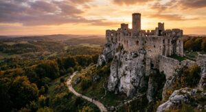 A professional, cinematic shot of a majestic medieval castle ruin perched on a dramatic limestone cl