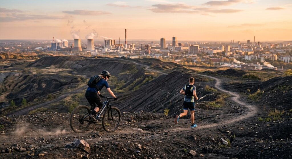 A professional editorial photograph capturing a mountain biker and a trail runner navigating a sceni