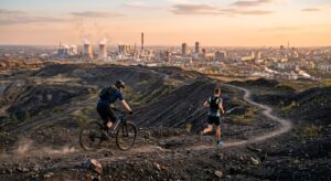 A professional editorial photograph capturing a mountain biker and a trail runner navigating a sceni