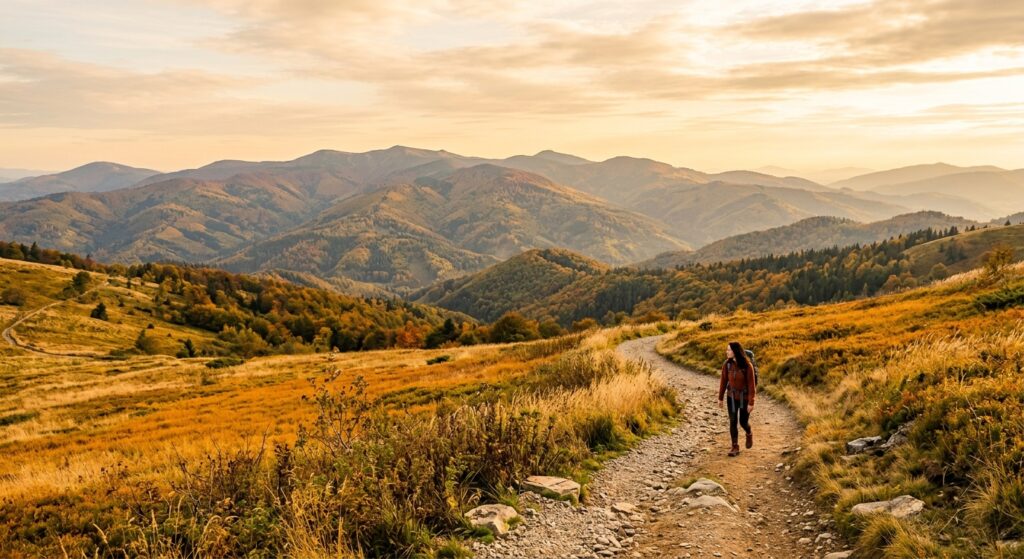 A breathtaking editorial-style landscape photograph of the Beskid Śląski mountain range in autumn, f