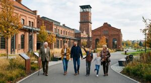 A professional editorial-style photograph capturing a multi-generational family exploring a scenic,