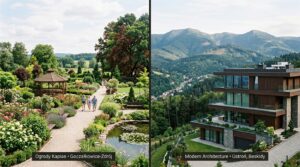 A professional split-screen editorial composition showcasing the tranquil landscaped gardens of Gocz