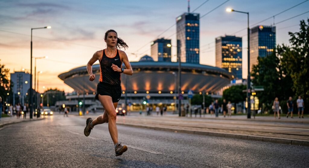 A professional, editorial-style photograph of a focused runner on a paved urban street with the icon
