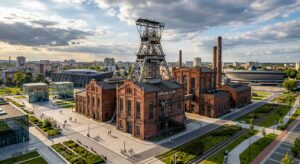 A high-angle, professional editorial shot of a beautifully preserved, industrial brick mine architec