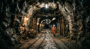 A cinematic, wide-angle editorial photograph of a dramatic, illuminated underground mining tunnel wi