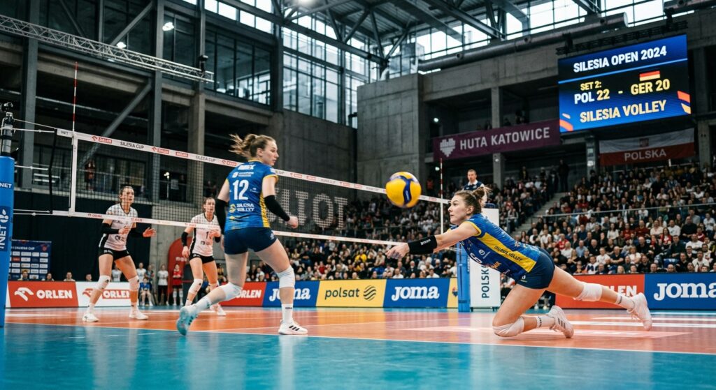 A professional, cinematic shot of a volleyball match in a modern Silesian sports hall, featuring mot