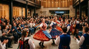 A high-quality, editorial-style photograph capturing a vibrant cultural performance inside a modern,