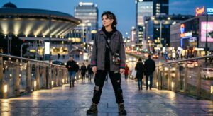 A modern, stylish young person wearing urban streetwear with subtle Silesian folk-pattern embroidery