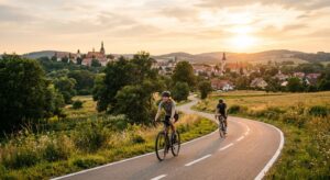 A professional, editorial-style photograph of a modern, scenic bicycle path connecting two peaceful