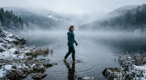 A professional editorial photograph of a person calmly entering a serene, misty lake in the Silesian