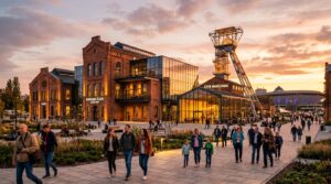 A professional, cinematic wide-angle shot of a beautifully revitalized industrial coal mine complex