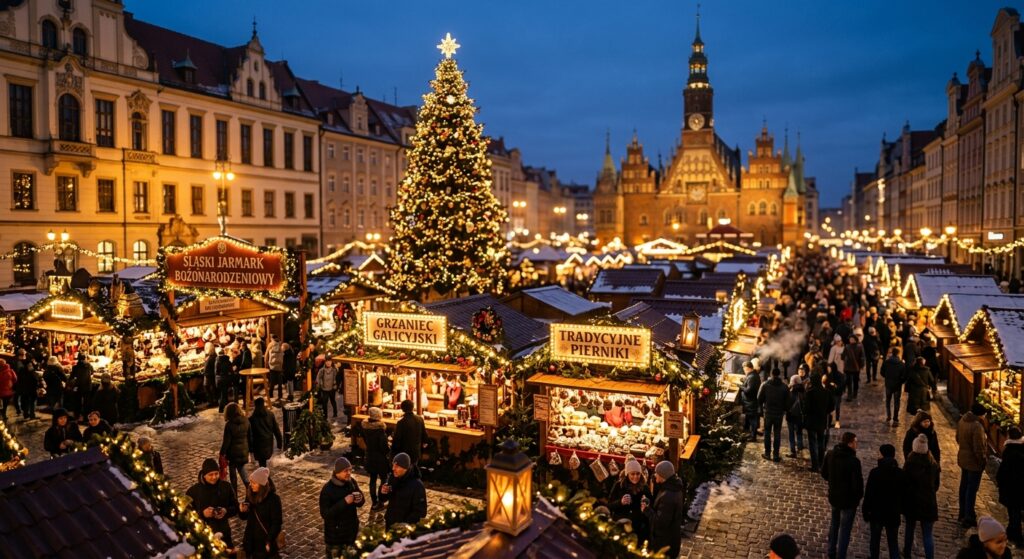 A high-angle, professional editorial shot of a vibrant Silesian Christmas market at twilight, featur