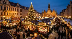 A high-angle, professional editorial shot of a vibrant Silesian Christmas market at twilight, featur