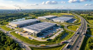 A professional, high-angle aerial view of a modern industrial zone in Upper Silesia, featuring sleek