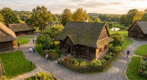 A high-angle, professional editorial shot of a beautifully preserved historic wooden cottage in an o