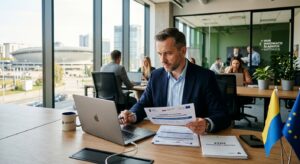 A professional, high-quality editorial photograph featuring a modern office setting in Silesia, with