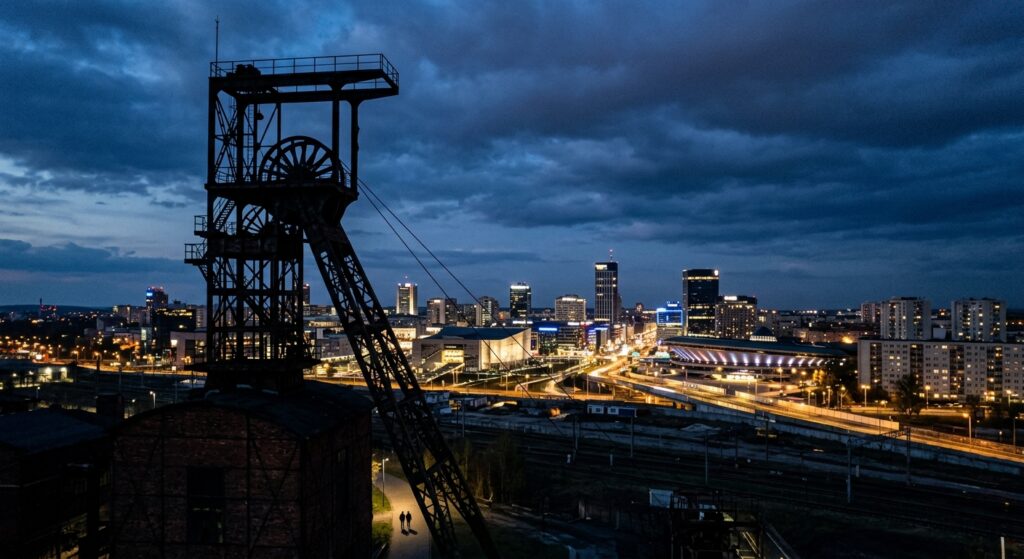 A professional editorial photograph capturing the contrasting silhouette of a historic brick coal mi