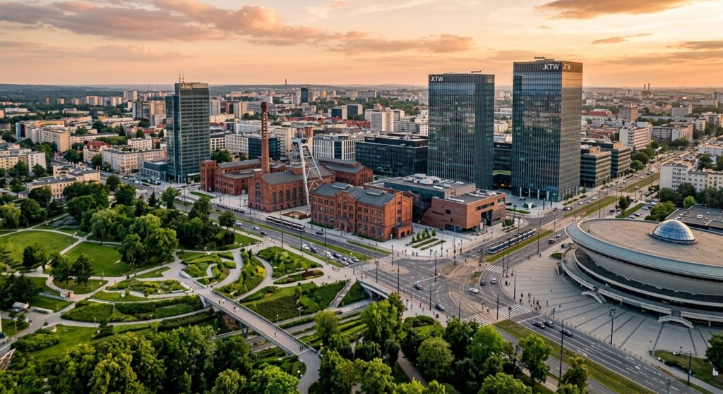 A professional, high-angle aerial view of a modern Silesian urban landscape blending historic indust