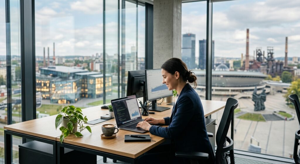 A professional, modern workspace in the Silesian region featuring a sleek laptop, a cup of coffee, a